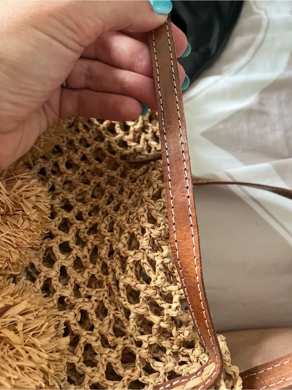 Mar Y Sol Tan Pom-Pom Tote Bag with Brown Handles - Picture 5 of 5